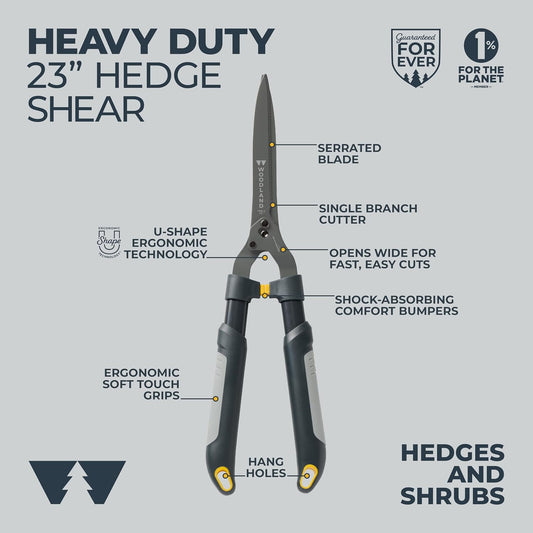 Woodland Tools Heavy Duty Hedge Shears, 23 Inch Manual Hedge Clippers with 10 Inch Lever-Assist Blades and Non Stick Coating, Branch Trimmer for Dense Shrubs and Overgrown Hedges