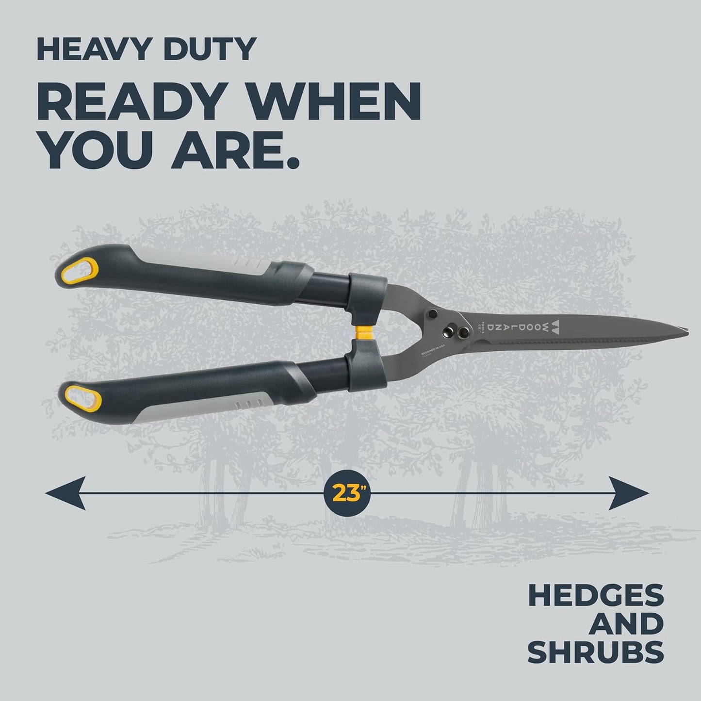 Woodland Tools Heavy Duty Hedge Shears, 23 Inch Manual Hedge Clippers with 10 Inch Lever-Assist Blades and Non Stick Coating, Branch Trimmer for Dense Shrubs and Overgrown Hedges