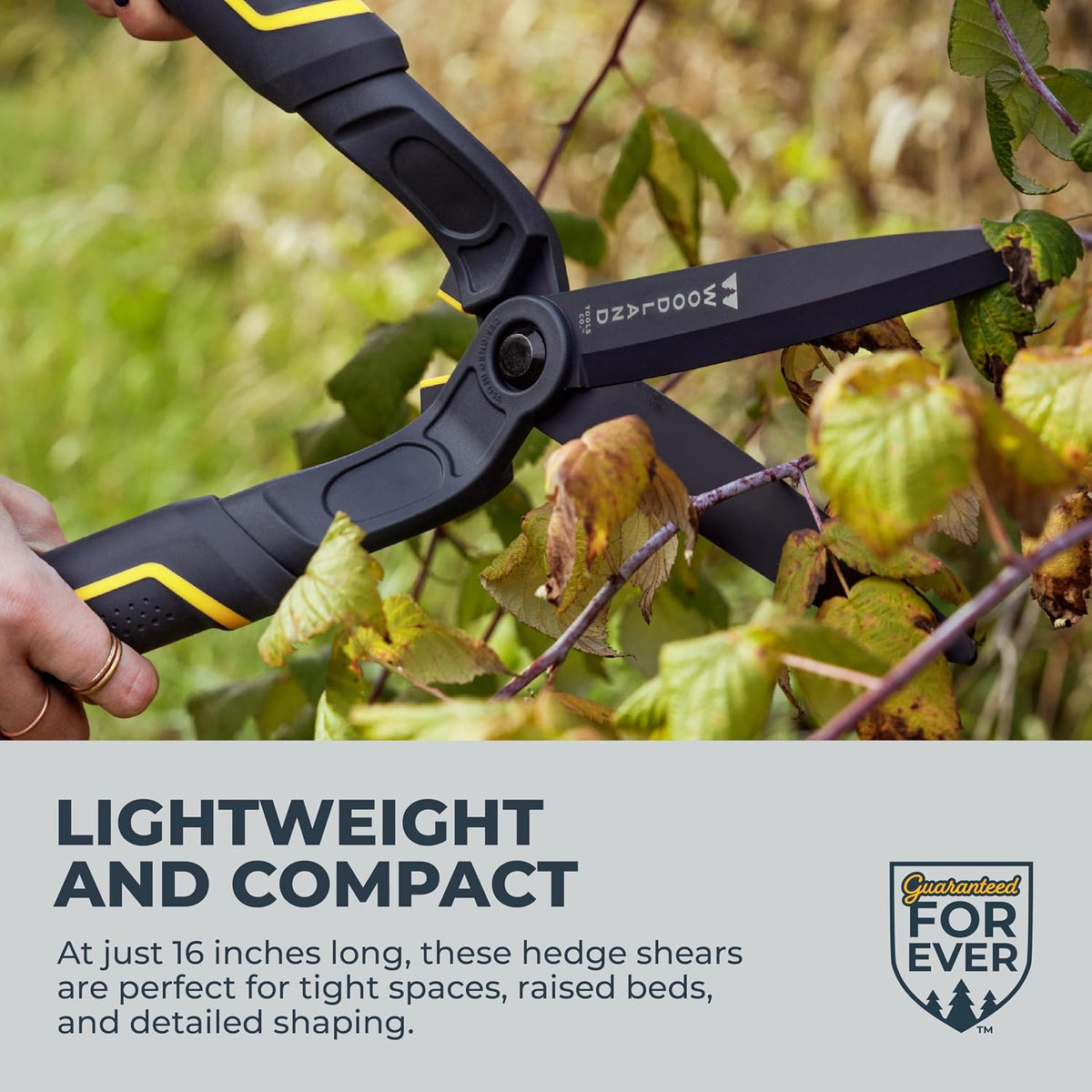Woodland Tools Heavy Duty Hedge Shears, 23 Inch Manual Hedge Clippers with 10 Inch Lever-Assist Blades and Non Stick Coating, Branch Trimmer for Dense Shrubs and Overgrown Hedges