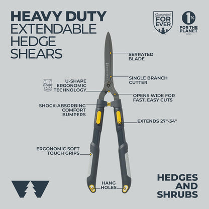 Woodland Tools Heavy Duty Hedge Shears, 23 Inch Manual Hedge Clippers with 10 Inch Lever-Assist Blades and Non Stick Coating, Branch Trimmer for Dense Shrubs and Overgrown Hedges