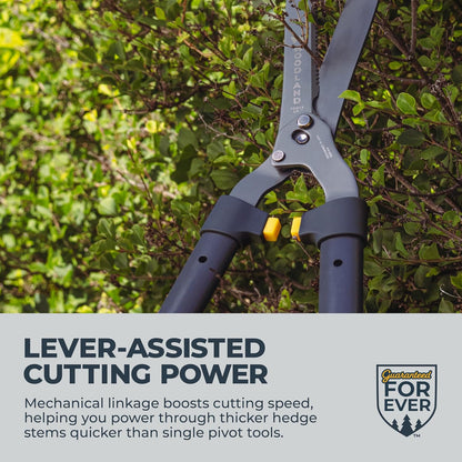 Woodland Tools Heavy Duty Hedge Shears, 23 Inch Manual Hedge Clippers with 10 Inch Lever-Assist Blades and Non Stick Coating, Branch Trimmer for Dense Shrubs and Overgrown Hedges