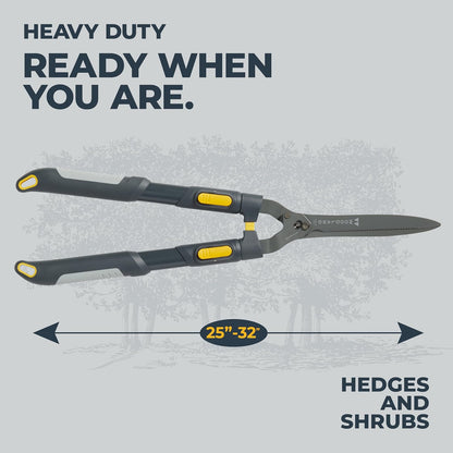 Woodland Tools Heavy Duty Hedge Shears, 23 Inch Manual Hedge Clippers with 10 Inch Lever-Assist Blades and Non Stick Coating, Branch Trimmer for Dense Shrubs and Overgrown Hedges