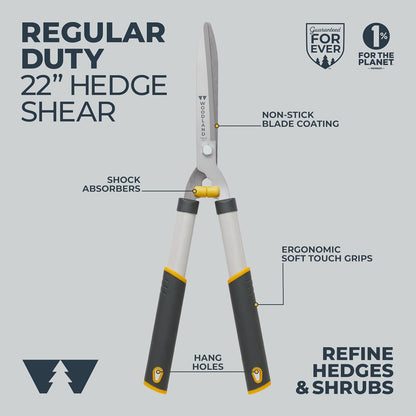 Woodland Tools Heavy Duty Hedge Shears, 23 Inch Manual Hedge Clippers with 10 Inch Lever-Assist Blades and Non Stick Coating, Branch Trimmer for Dense Shrubs and Overgrown Hedges