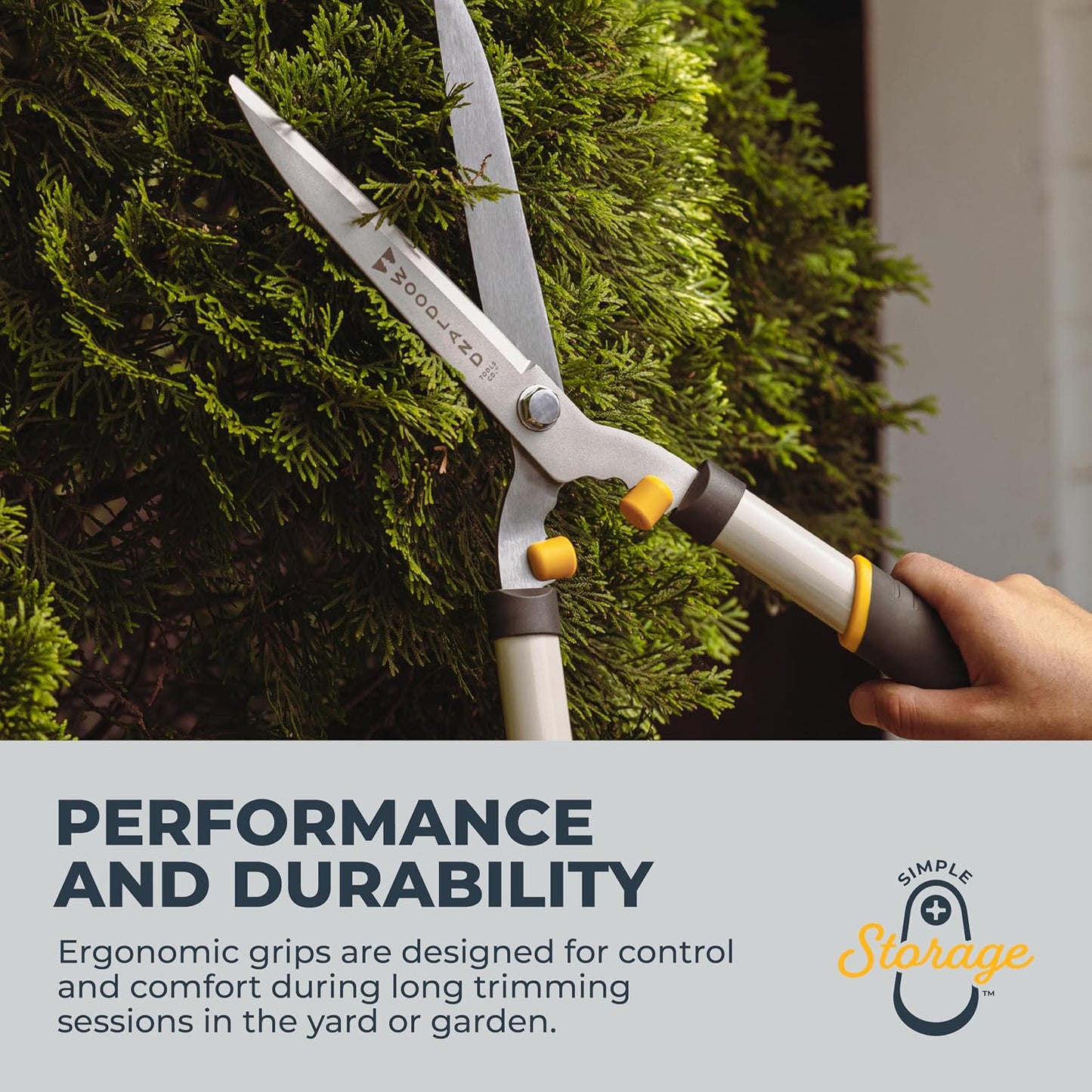 Woodland Tools Heavy Duty Hedge Shears, 23 Inch Manual Hedge Clippers with 10 Inch Lever-Assist Blades and Non Stick Coating, Branch Trimmer for Dense Shrubs and Overgrown Hedges