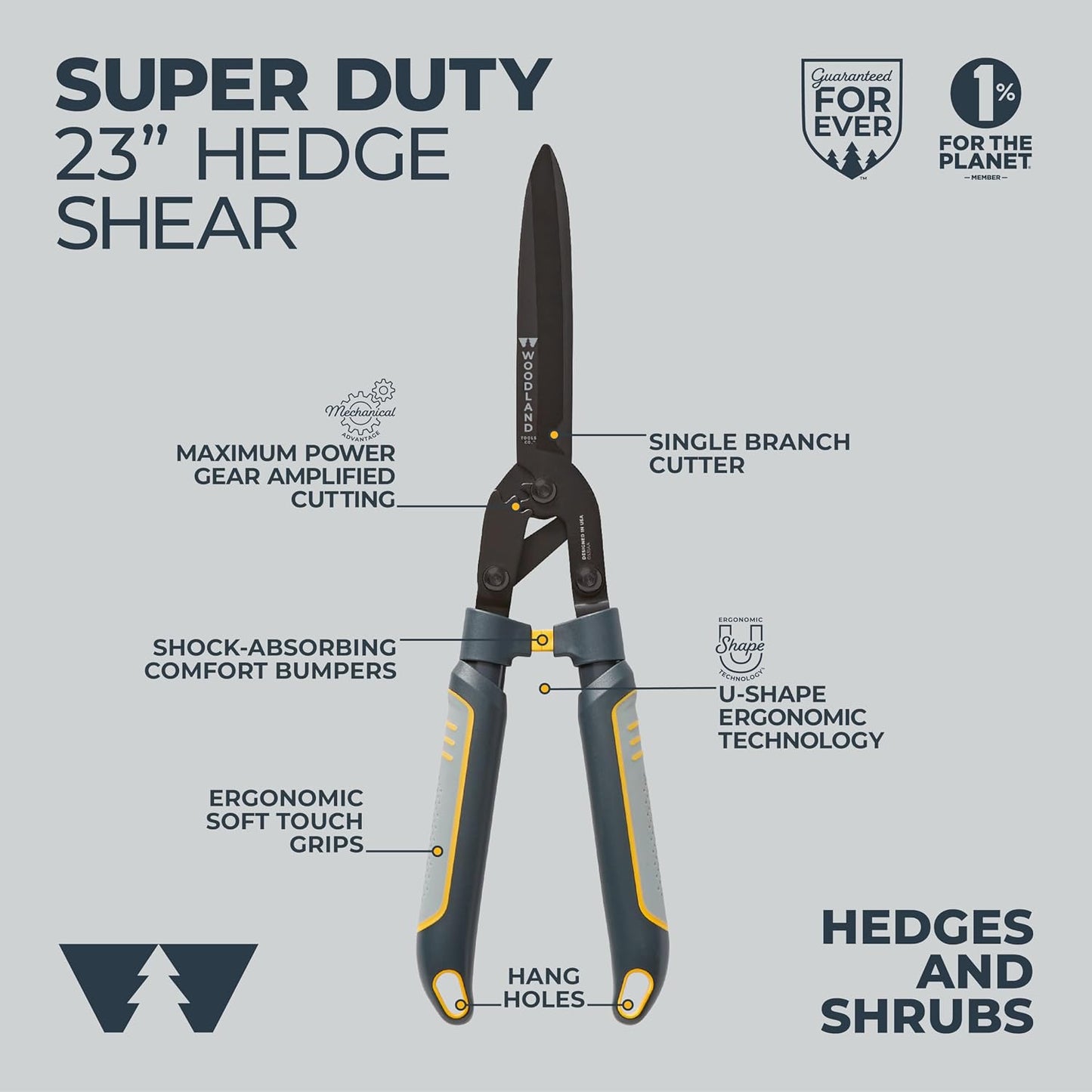 Woodland Tools Heavy Duty Hedge Shears, 23 Inch Manual Hedge Clippers with 10 Inch Lever-Assist Blades and Non Stick Coating, Branch Trimmer for Dense Shrubs and Overgrown Hedges