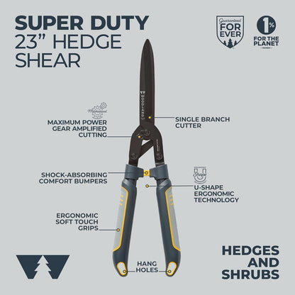 Woodland Tools Heavy Duty Hedge Shears, 23 Inch Manual Hedge Clippers with 10 Inch Lever-Assist Blades and Non Stick Coating, Branch Trimmer for Dense Shrubs and Overgrown Hedges