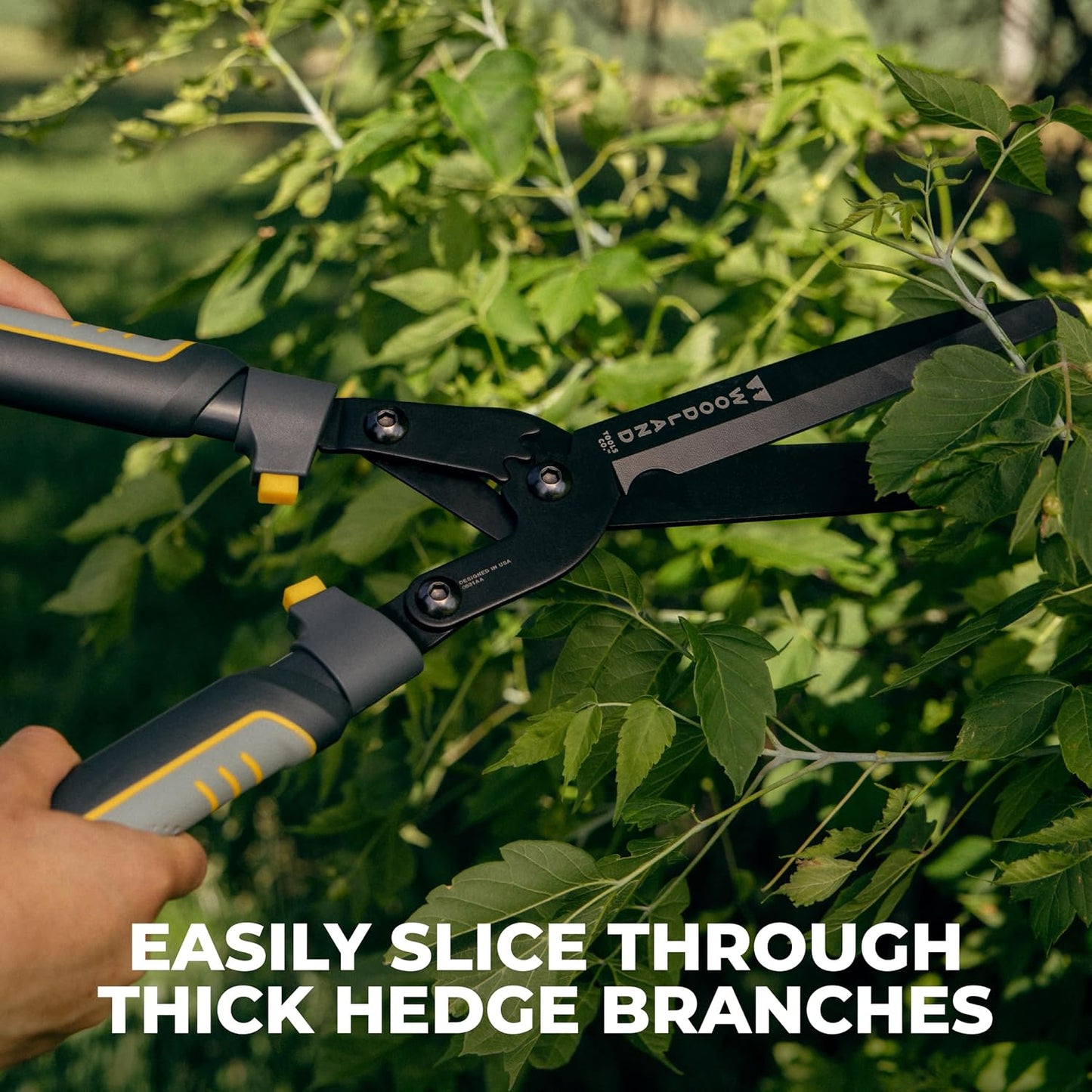 Woodland Tools Heavy Duty Hedge Shears, 23 Inch Manual Hedge Clippers with 10 Inch Lever-Assist Blades and Non Stick Coating, Branch Trimmer for Dense Shrubs and Overgrown Hedges