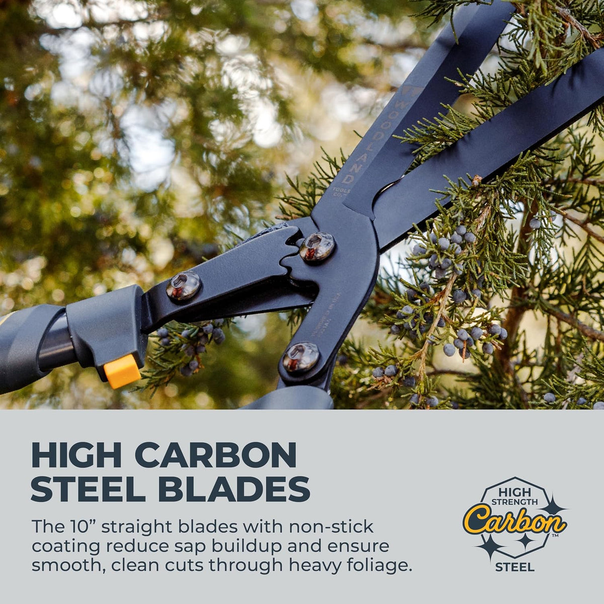 Woodland Tools Heavy Duty Hedge Shears, 23 Inch Manual Hedge Clippers with 10 Inch Lever-Assist Blades and Non Stick Coating, Branch Trimmer for Dense Shrubs and Overgrown Hedges