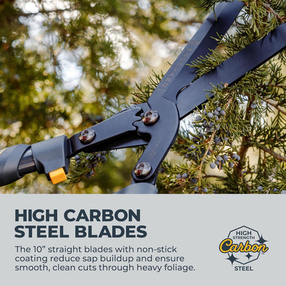 Woodland Tools Heavy Duty Hedge Shears, 23 Inch Manual Hedge Clippers with 10 Inch Lever-Assist Blades and Non Stick Coating, Branch Trimmer for Dense Shrubs and Overgrown Hedges