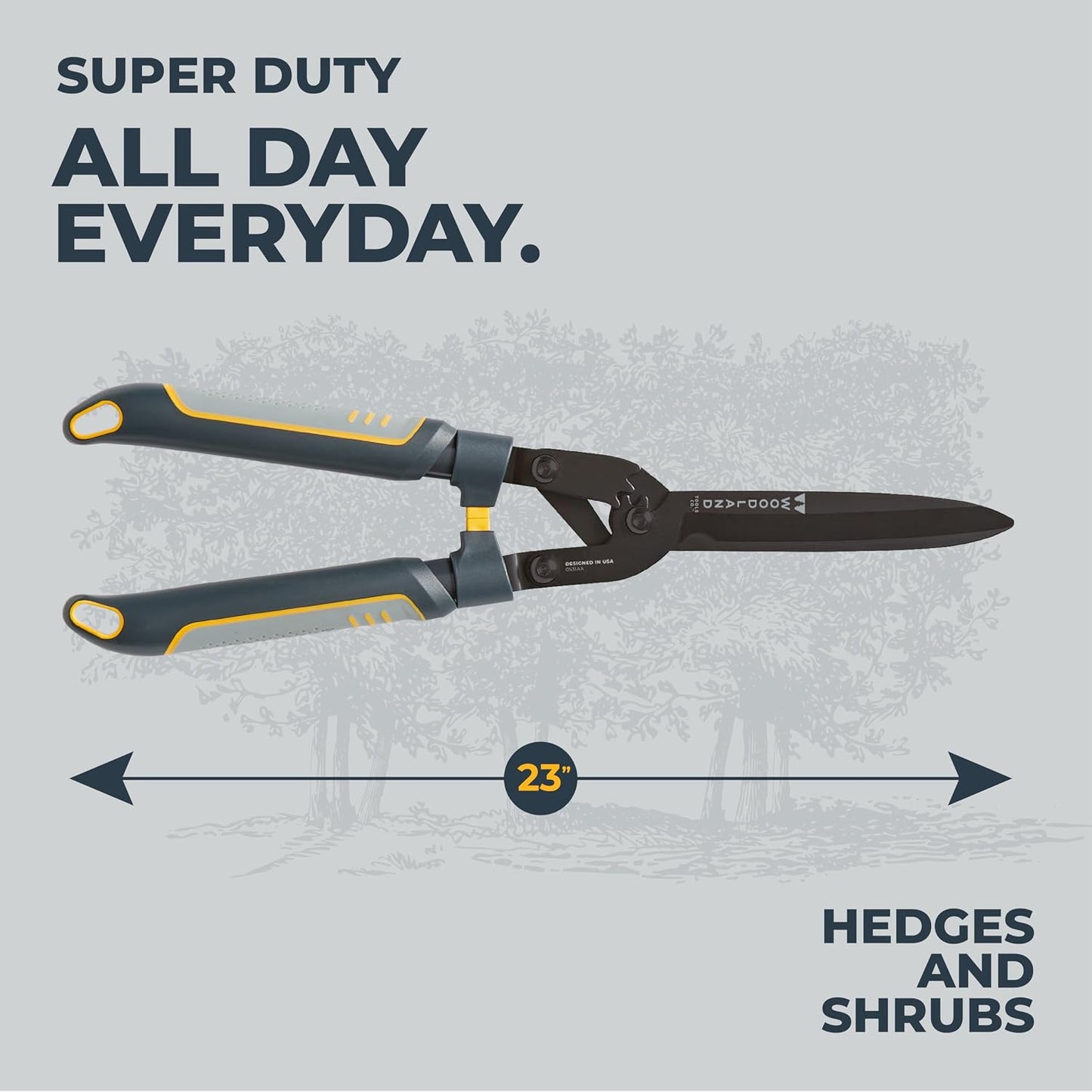 Woodland Tools Heavy Duty Hedge Shears, 23 Inch Manual Hedge Clippers with 10 Inch Lever-Assist Blades and Non Stick Coating, Branch Trimmer for Dense Shrubs and Overgrown Hedges