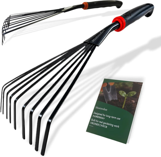 2 Pack Small Hand Rake for Gardening, Mini Leaf & Shrub Rake with Durable Steel Tines, Ergonomic Non-Slip Handle for Flower Beds, Lawn, Leaves & Yard Cleanup