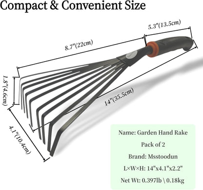2 Pack Small Hand Rake for Gardening, Mini Leaf & Shrub Rake with Durable Steel Tines, Ergonomic Non-Slip Handle for Flower Beds, Lawn, Leaves & Yard Cleanup