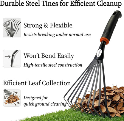2 Pack Small Hand Rake for Gardening, Mini Leaf & Shrub Rake with Durable Steel Tines, Ergonomic Non-Slip Handle for Flower Beds, Lawn, Leaves & Yard Cleanup