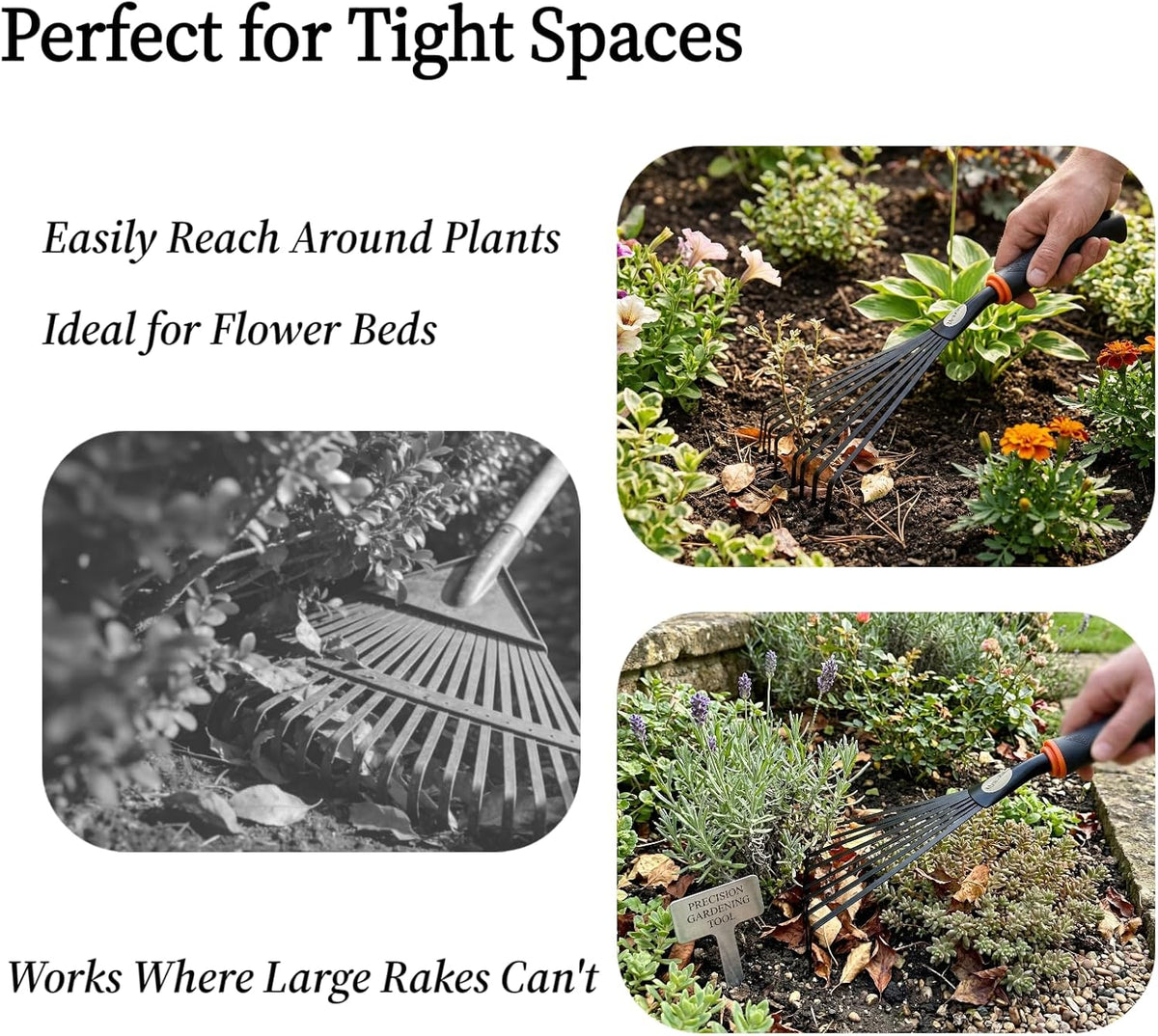 2 Pack Small Hand Rake for Gardening, Mini Leaf & Shrub Rake with Durable Steel Tines, Ergonomic Non-Slip Handle for Flower Beds, Lawn, Leaves & Yard Cleanup