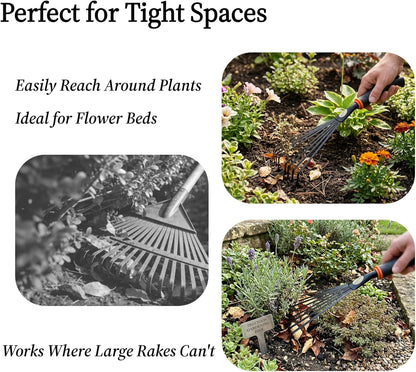 2 Pack Small Hand Rake for Gardening, Mini Leaf & Shrub Rake with Durable Steel Tines, Ergonomic Non-Slip Handle for Flower Beds, Lawn, Leaves & Yard Cleanup