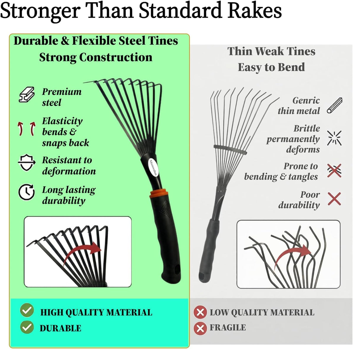 2 Pack Small Hand Rake for Gardening, Mini Leaf & Shrub Rake with Durable Steel Tines, Ergonomic Non-Slip Handle for Flower Beds, Lawn, Leaves & Yard Cleanup