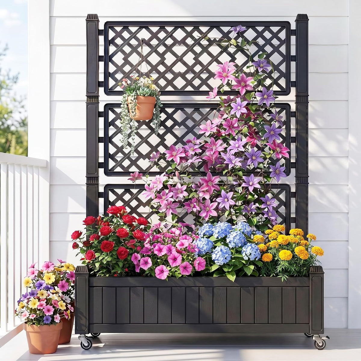 43.3x17.7x61 in Planter Trellis Box with Wheels & Drain Plug, Outdoor Resin Raised Garden Bed for Climbing Plants, Large Weather-Resistant Design, Black