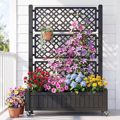43.3x17.7x61 in Planter Trellis Box with Wheels & Drain Plug, Outdoor Resin Raised Garden Bed for Climbing Plants, Large Weather-Resistant Design, Black