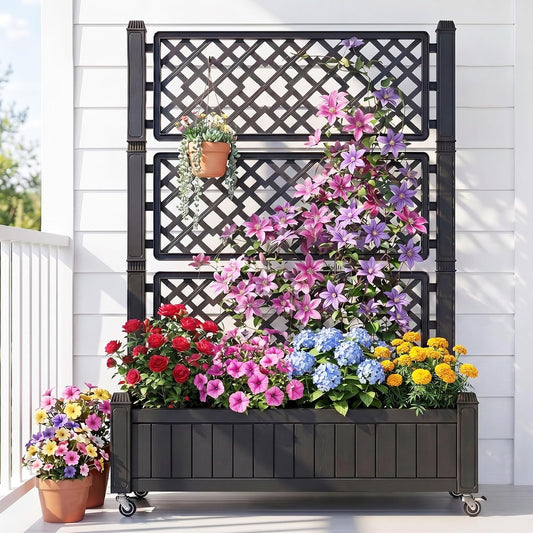 43.3x17.7x61 in Planter Trellis Box with Wheels & Drain Plug, Outdoor Resin Raised Garden Bed for Climbing Plants, Large Weather-Resistant Design, Black