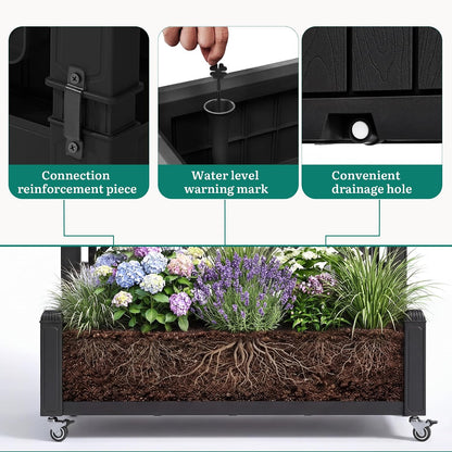 43.3x17.7x61 in Planter Trellis Box with Wheels & Drain Plug, Outdoor Resin Raised Garden Bed for Climbing Plants, Large Weather-Resistant Design, Black