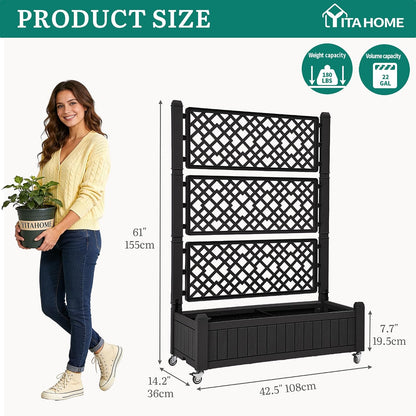 43.3x17.7x61 in Planter Trellis Box with Wheels & Drain Plug, Outdoor Resin Raised Garden Bed for Climbing Plants, Large Weather-Resistant Design, Black