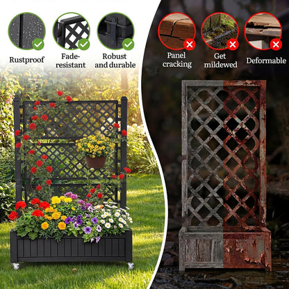 43.3x17.7x61 in Planter Trellis Box with Wheels & Drain Plug, Outdoor Resin Raised Garden Bed for Climbing Plants, Large Weather-Resistant Design, Black