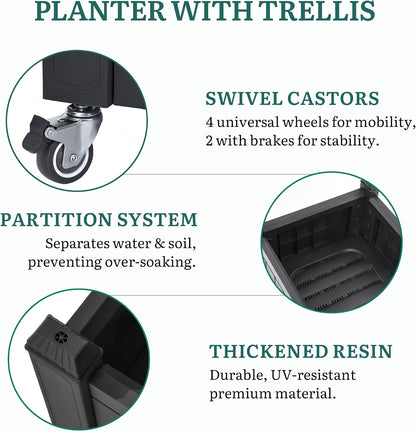 43.3x17.7x61 in Planter Trellis Box with Wheels & Drain Plug, Outdoor Resin Raised Garden Bed for Climbing Plants, Large Weather-Resistant Design, Black