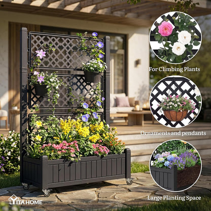43.3x17.7x61 in Planter Trellis Box with Wheels & Drain Plug, Outdoor Resin Raised Garden Bed for Climbing Plants, Large Weather-Resistant Design, Black