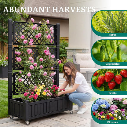 43.3x17.7x61 in Planter Trellis Box with Wheels & Drain Plug, Outdoor Resin Raised Garden Bed for Climbing Plants, Large Weather-Resistant Design, Black