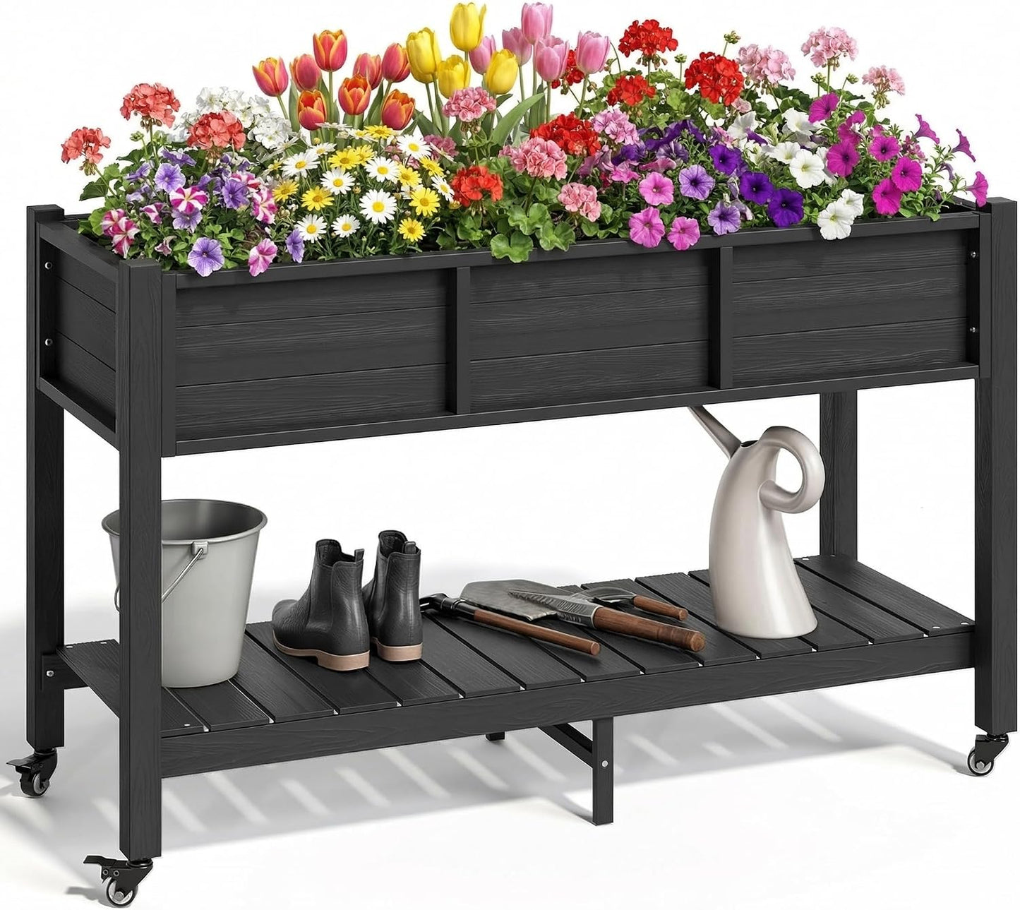 43.3x17.7x61 in Planter Trellis Box with Wheels & Drain Plug, Outdoor Resin Raised Garden Bed for Climbing Plants, Large Weather-Resistant Design, Black