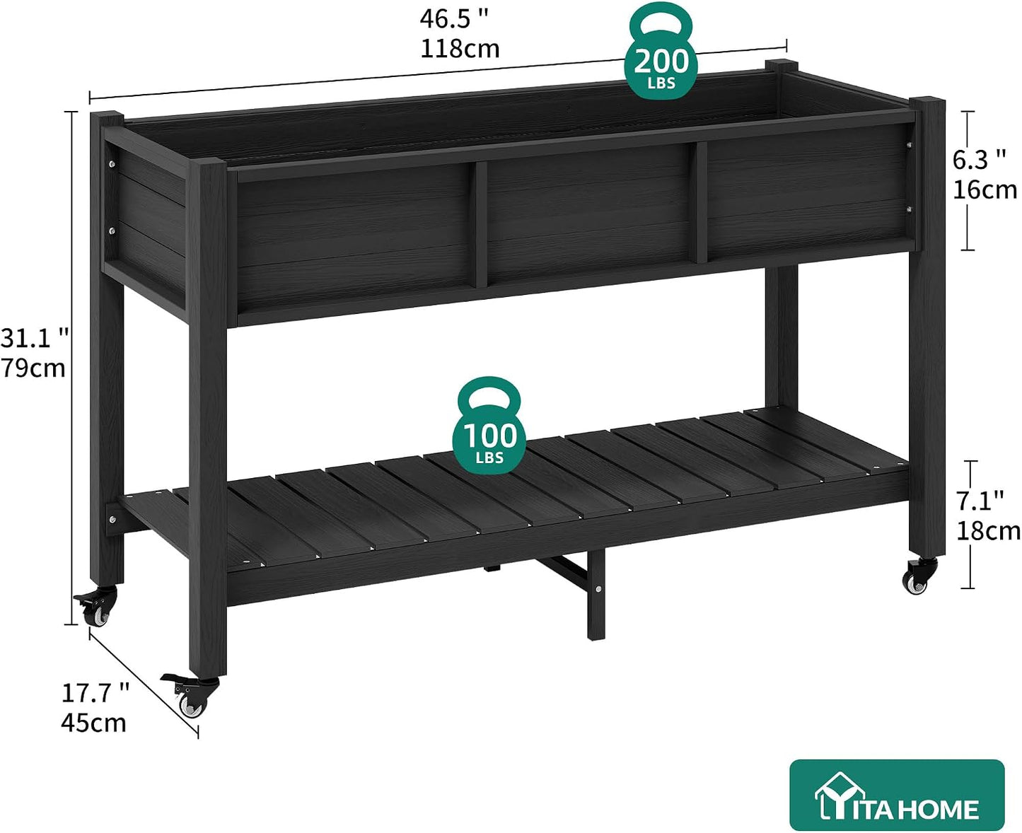 43.3x17.7x61 in Planter Trellis Box with Wheels & Drain Plug, Outdoor Resin Raised Garden Bed for Climbing Plants, Large Weather-Resistant Design, Black