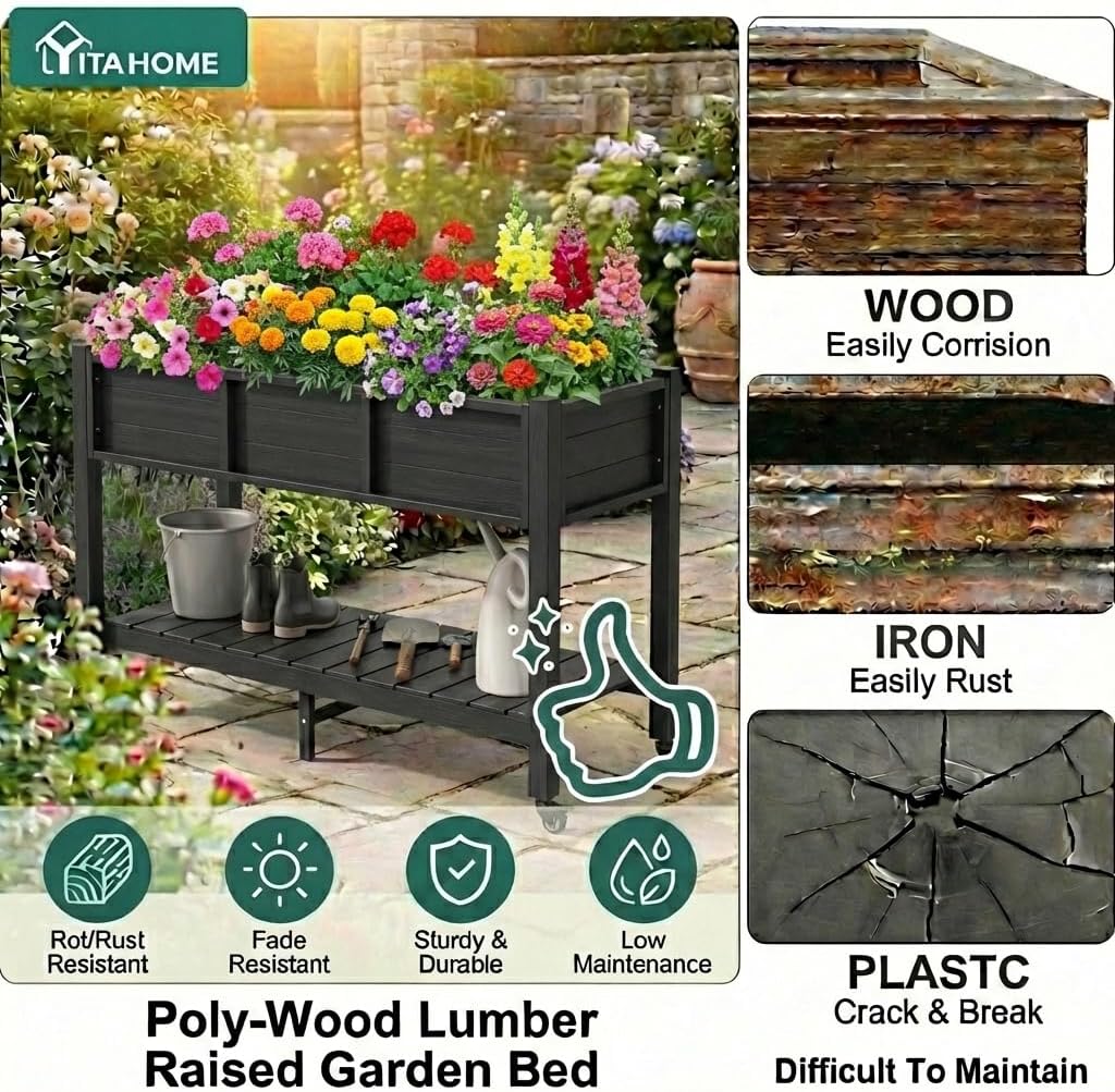 43.3x17.7x61 in Planter Trellis Box with Wheels & Drain Plug, Outdoor Resin Raised Garden Bed for Climbing Plants, Large Weather-Resistant Design, Black