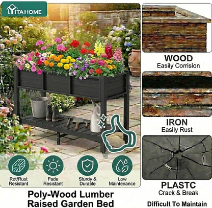 43.3x17.7x61 in Planter Trellis Box with Wheels & Drain Plug, Outdoor Resin Raised Garden Bed for Climbing Plants, Large Weather-Resistant Design, Black