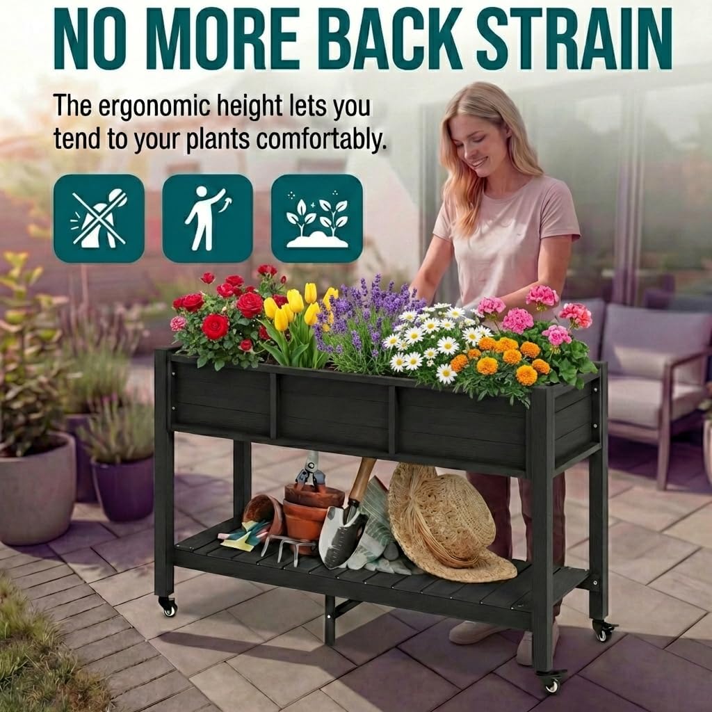 43.3x17.7x61 in Planter Trellis Box with Wheels & Drain Plug, Outdoor Resin Raised Garden Bed for Climbing Plants, Large Weather-Resistant Design, Black
