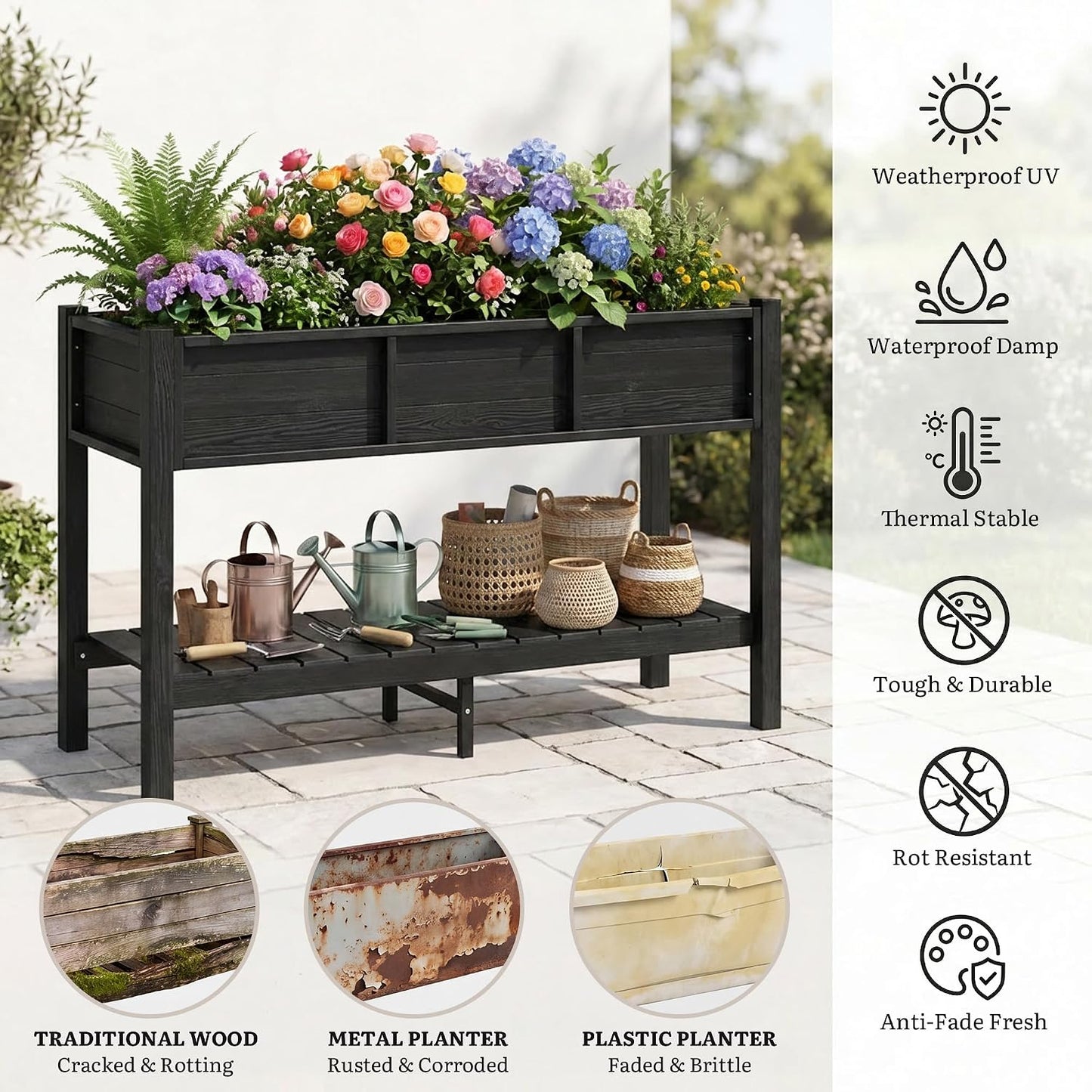43.3x17.7x61 in Planter Trellis Box with Wheels & Drain Plug, Outdoor Resin Raised Garden Bed for Climbing Plants, Large Weather-Resistant Design, Black