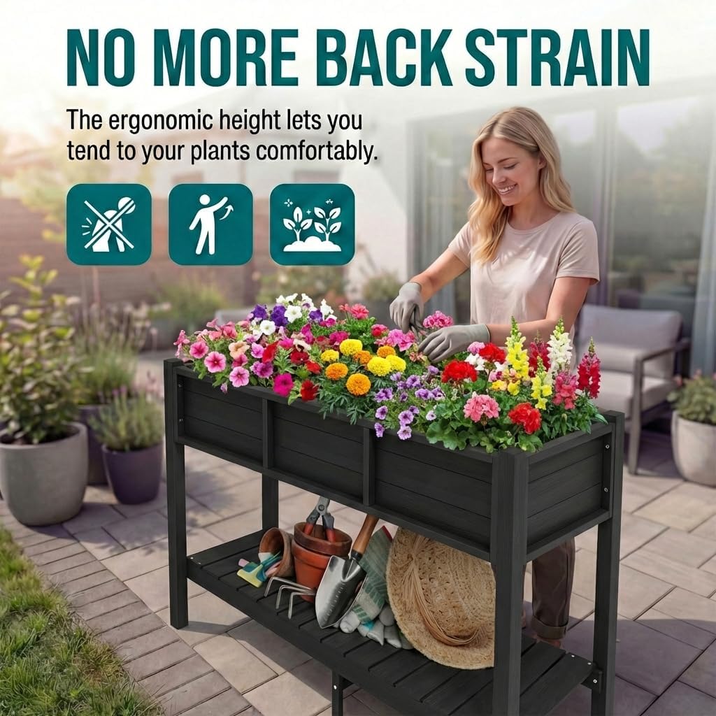 43.3x17.7x61 in Planter Trellis Box with Wheels & Drain Plug, Outdoor Resin Raised Garden Bed for Climbing Plants, Large Weather-Resistant Design, Black
