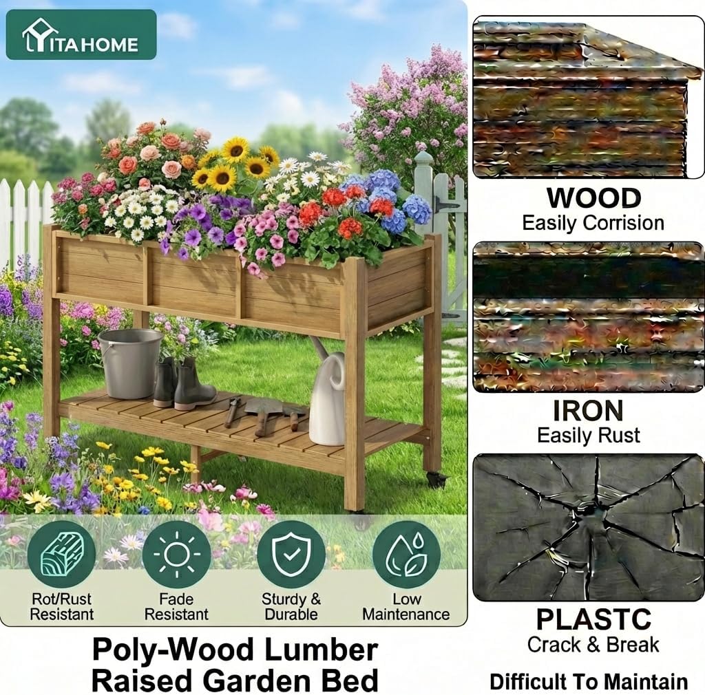 43.3x17.7x61 in Planter Trellis Box with Wheels & Drain Plug, Outdoor Resin Raised Garden Bed for Climbing Plants, Large Weather-Resistant Design, Black