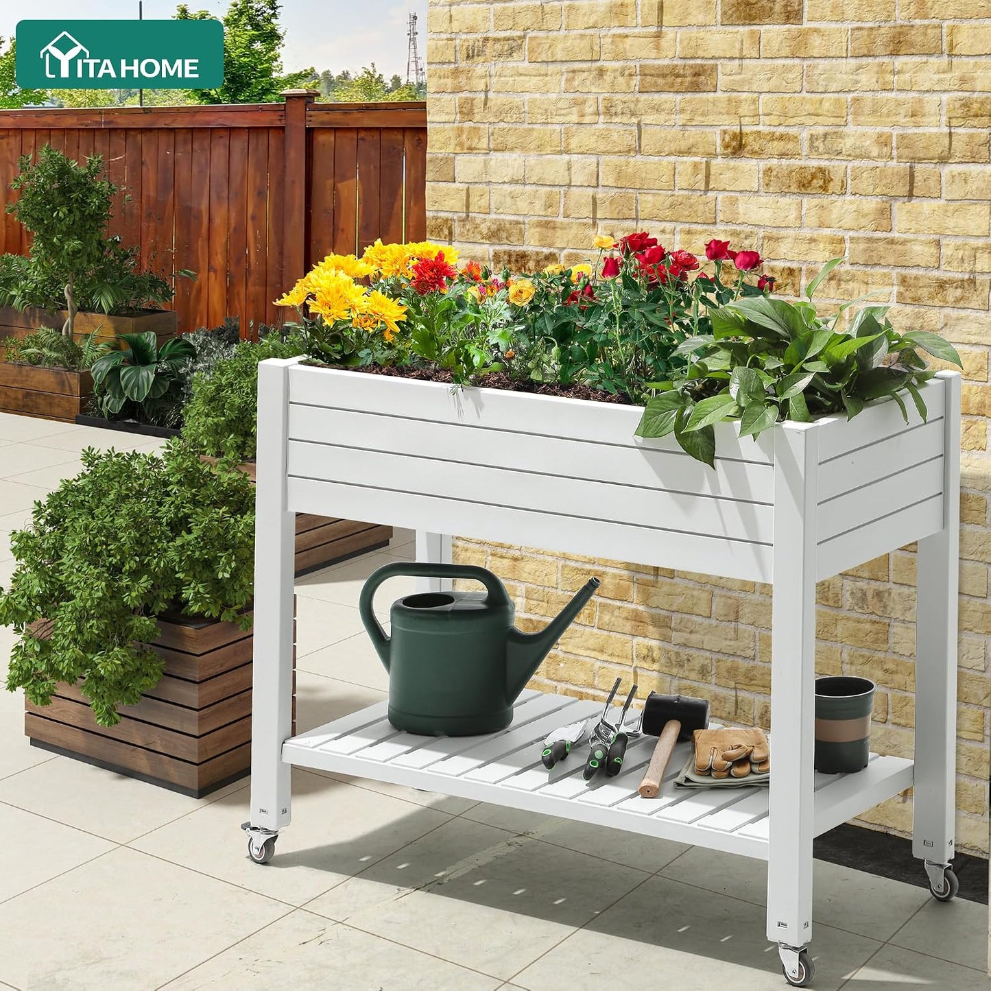 43.3x17.7x61 in Planter Trellis Box with Wheels & Drain Plug, Outdoor Resin Raised Garden Bed for Climbing Plants, Large Weather-Resistant Design, Black