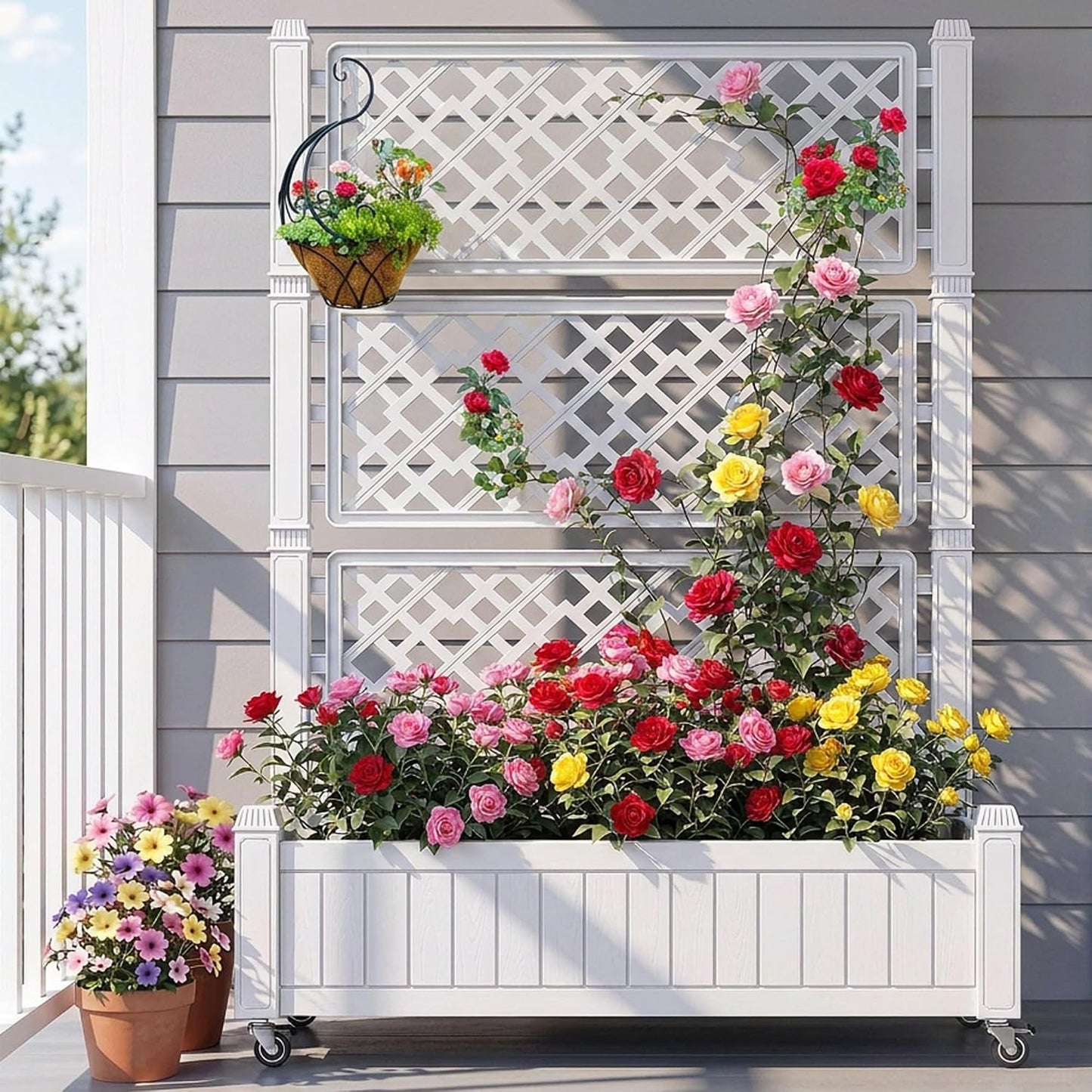 43.3x17.7x61 in Planter Trellis Box with Wheels & Drain Plug, Outdoor Resin Raised Garden Bed for Climbing Plants, Large Weather-Resistant Design, Black