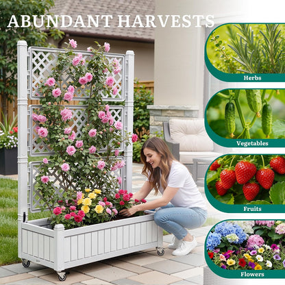 43.3x17.7x61 in Planter Trellis Box with Wheels & Drain Plug, Outdoor Resin Raised Garden Bed for Climbing Plants, Large Weather-Resistant Design, Black