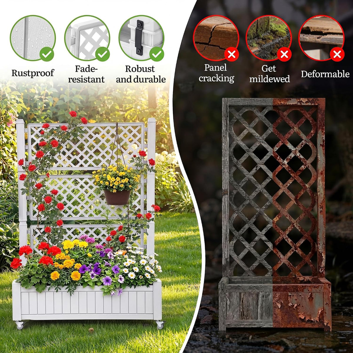 43.3x17.7x61 in Planter Trellis Box with Wheels & Drain Plug, Outdoor Resin Raised Garden Bed for Climbing Plants, Large Weather-Resistant Design, Black