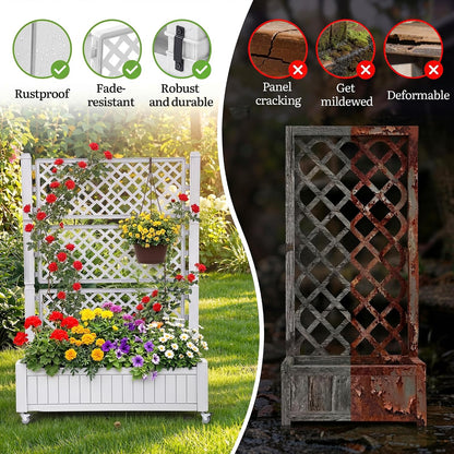 43.3x17.7x61 in Planter Trellis Box with Wheels & Drain Plug, Outdoor Resin Raised Garden Bed for Climbing Plants, Large Weather-Resistant Design, Black