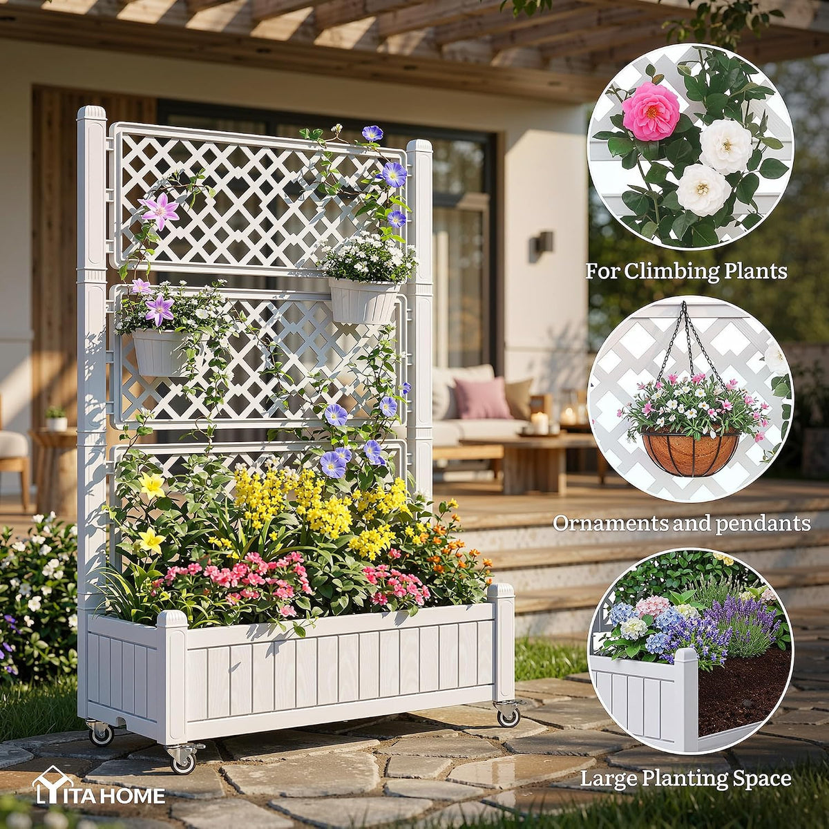 43.3x17.7x61 in Planter Trellis Box with Wheels & Drain Plug, Outdoor Resin Raised Garden Bed for Climbing Plants, Large Weather-Resistant Design, Black