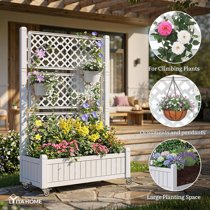 43.3x17.7x61 in Planter Trellis Box with Wheels & Drain Plug, Outdoor Resin Raised Garden Bed for Climbing Plants, Large Weather-Resistant Design, Black