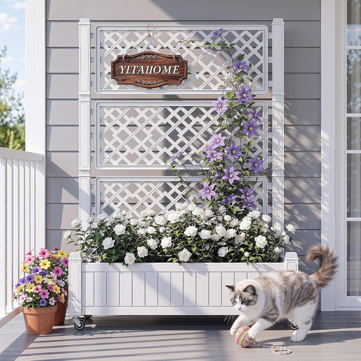 43.3x17.7x61 in Planter Trellis Box with Wheels & Drain Plug, Outdoor Resin Raised Garden Bed for Climbing Plants, Large Weather-Resistant Design, Black