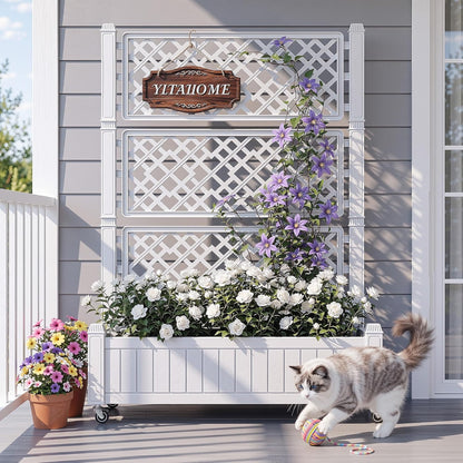 43.3x17.7x61 in Planter Trellis Box with Wheels & Drain Plug, Outdoor Resin Raised Garden Bed for Climbing Plants, Large Weather-Resistant Design, Black
