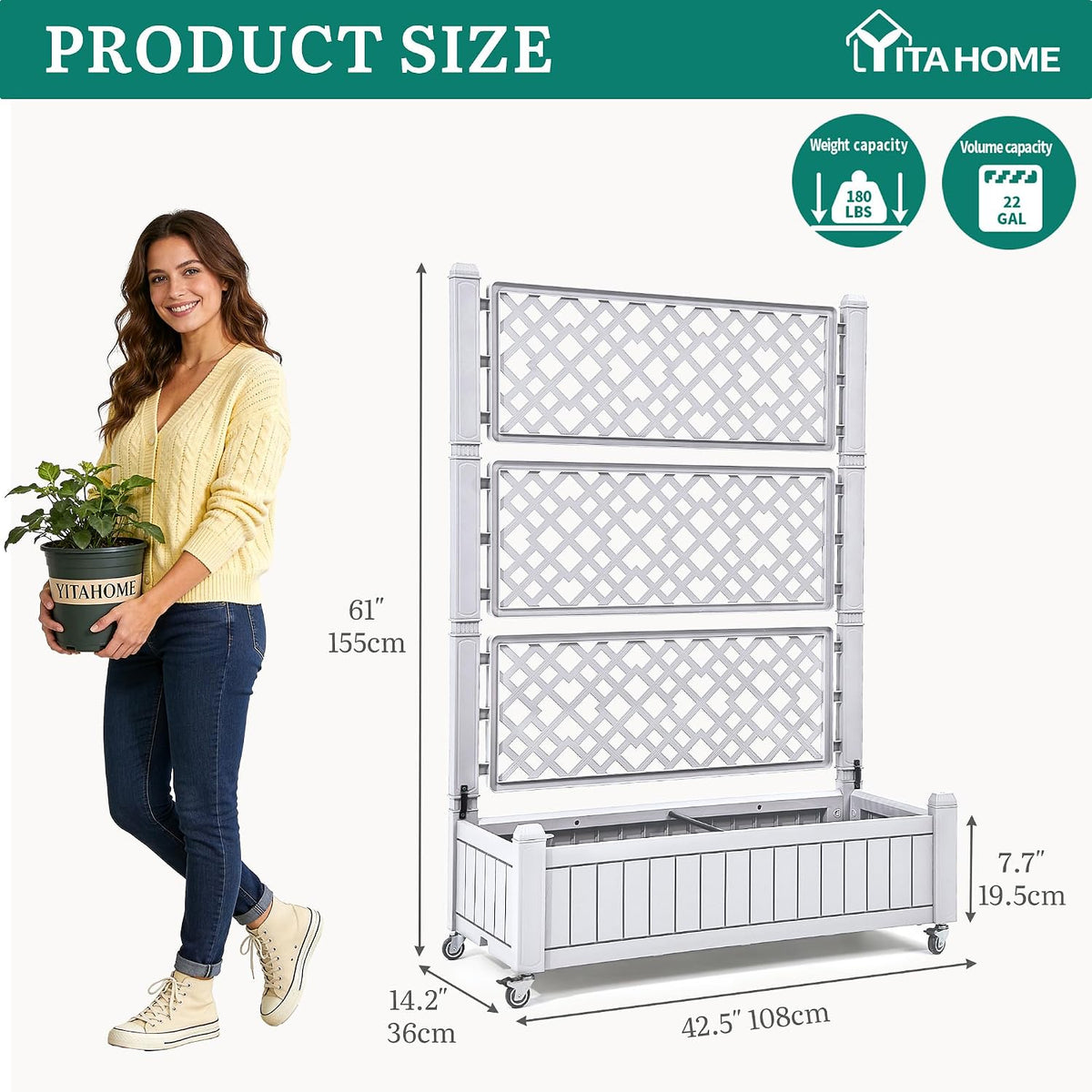 43.3x17.7x61 in Planter Trellis Box with Wheels & Drain Plug, Outdoor Resin Raised Garden Bed for Climbing Plants, Large Weather-Resistant Design, Black