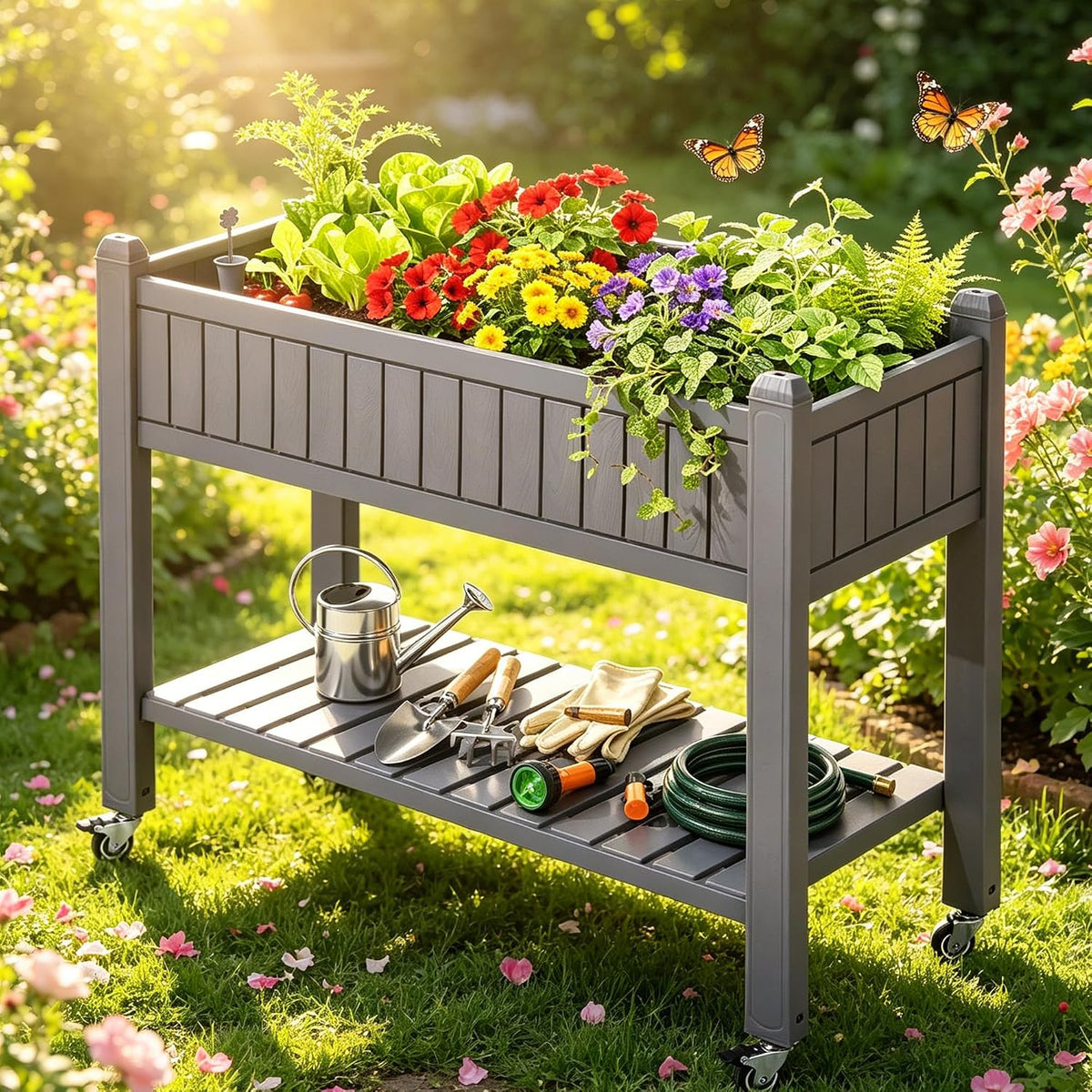 43.3x17.7x61 in Planter Trellis Box with Wheels & Drain Plug, Outdoor Resin Raised Garden Bed for Climbing Plants, Large Weather-Resistant Design, Black