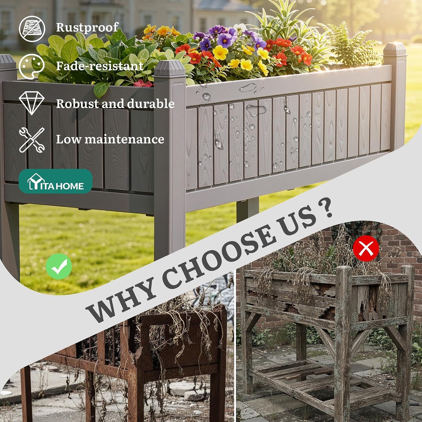 43.3x17.7x61 in Planter Trellis Box with Wheels & Drain Plug, Outdoor Resin Raised Garden Bed for Climbing Plants, Large Weather-Resistant Design, Black