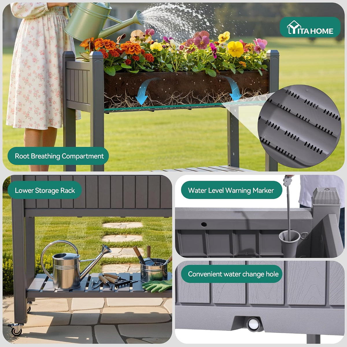 43.3x17.7x61 in Planter Trellis Box with Wheels & Drain Plug, Outdoor Resin Raised Garden Bed for Climbing Plants, Large Weather-Resistant Design, Black